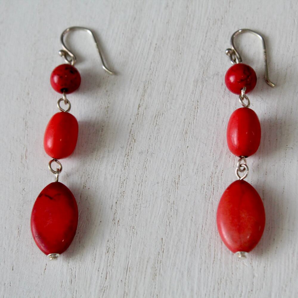 Artisan Sterling Silver 925 & Red Coral Beaded Dangle Earrings